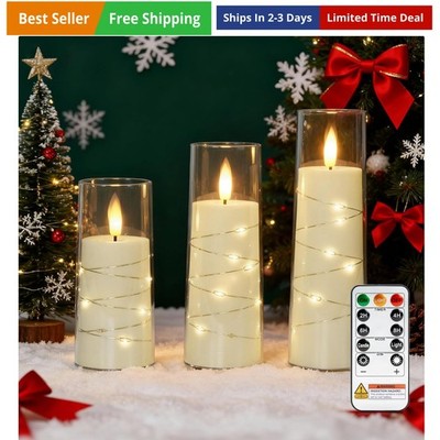 Flameless Candle with Remote Timer, 3 Flickering Acrylic Battery Operated LED...