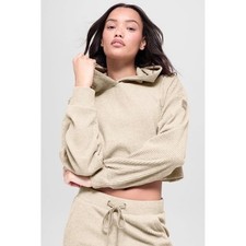 Alo Yoga Muse Ribbed Cropped Hoodie Gravel Tan XS W7135R Relaxed Fit Pullover