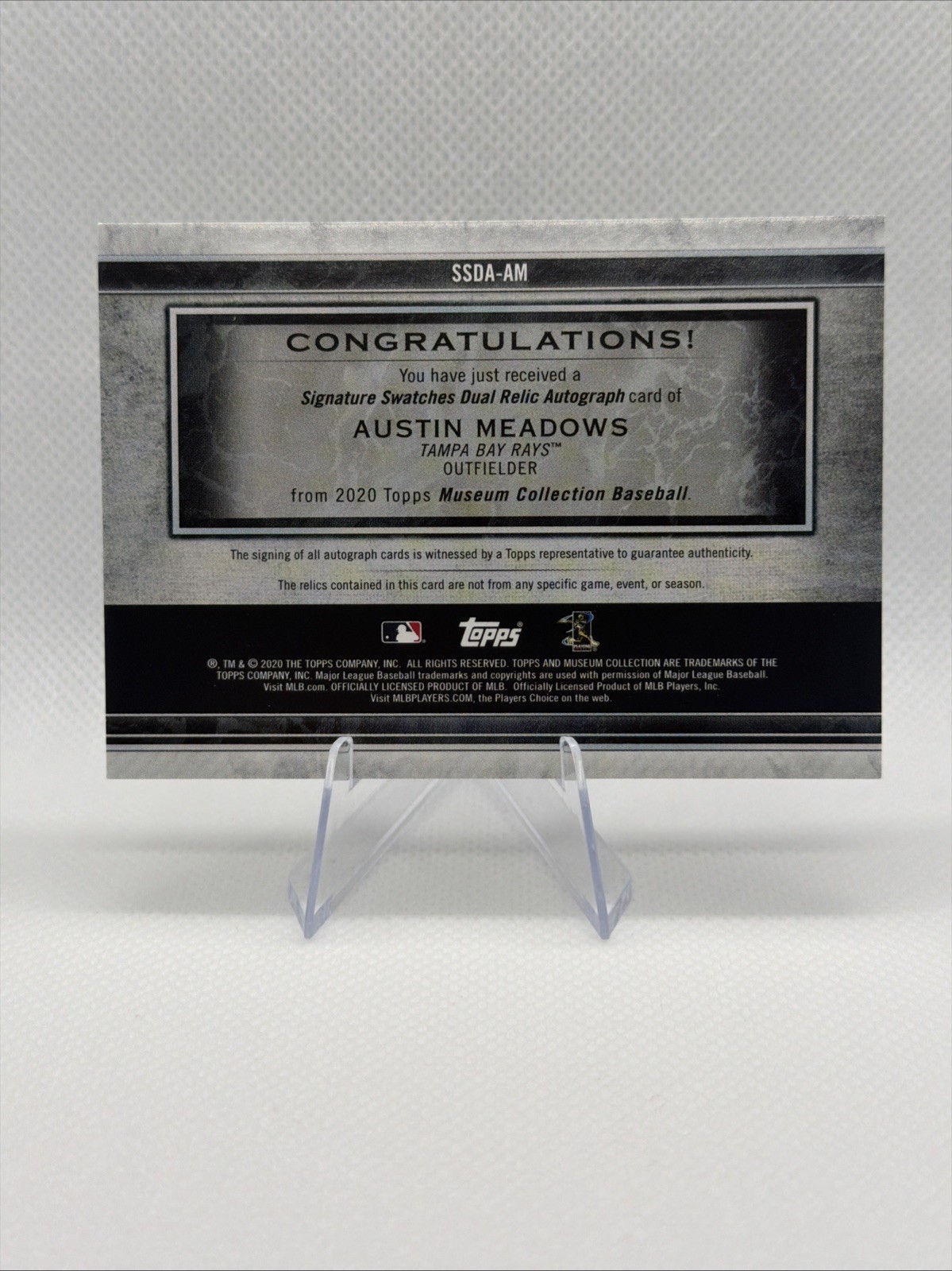 2020 Topps Museum Collection Game Used Relic Auto 47/50 Austin Meadows #SSDA-AM view 2