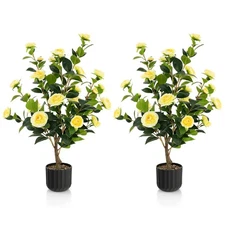 2-Pack 38" Artificial Camellia Tree Faux Floral Plant for Decoration Yellow