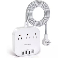 5 Ft. Braided Cord Power Strip with Flat Plug, 3-Outlets 4-USB Ports 1 USB-C N