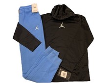NWT NIKE AIR JORDAN BOY 2 PC SET BLACK DRI-FIT HOODIE BLUE JOGGER SWEATPANTS L