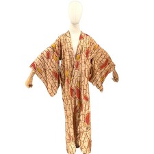 Vintage 60s Showa Era Beige Brick 100 Woven Kasuri Ikat Silk Kimono Robe