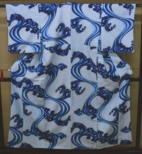 Rin A57-5 Blue Wave Polyester Dance Stage Kimono Used Japan