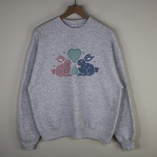 Vintage 90s Bunny Heart Embroidered Sweatshirt XL Gray Cottagecore Pullover