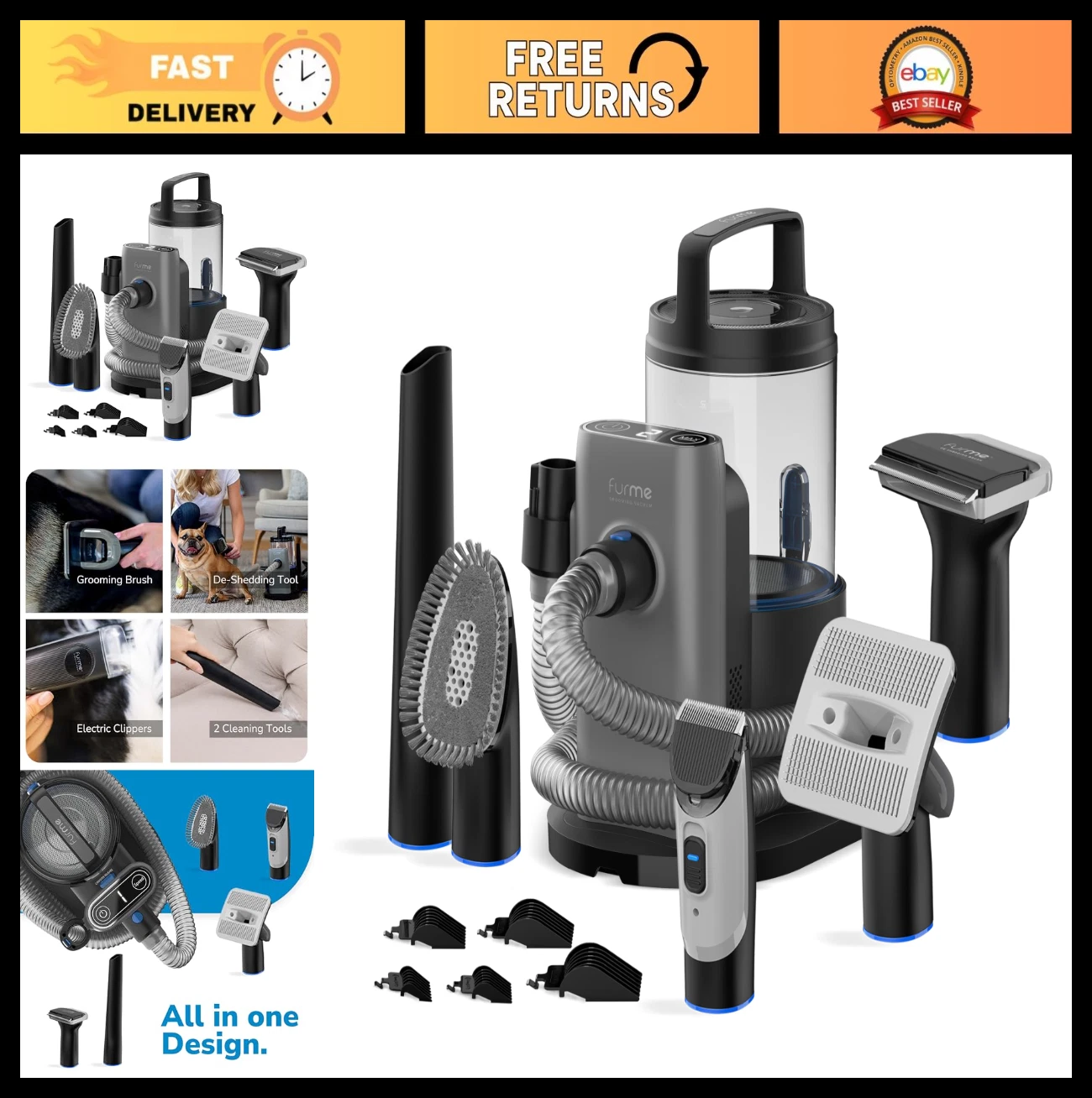 FURME Pet Grooming Vacuum Kit for Cats & Dogs with Brush and Clipper