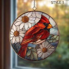 Red Cardinal Stained Glass Suncatcher, Daisy Flower Window Hanging