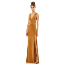 Ieena for Mac Duggal Camel Ruched Waist Maxi Gown Dress NWT Size 8 55703