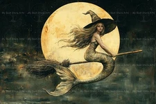MERMAID WITCH ART PRINT, Halloween Poster Fantasy Gothic Witchy Siren Wall Decor