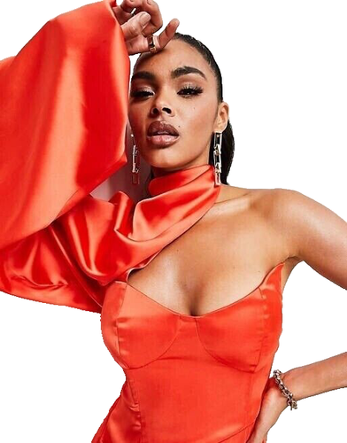 NEW ASOS Hot Red Orange LUXE SATIN Extreme Drape ONE SLEEVE Cocktail DRESS US 0 - Picture 9 of 12