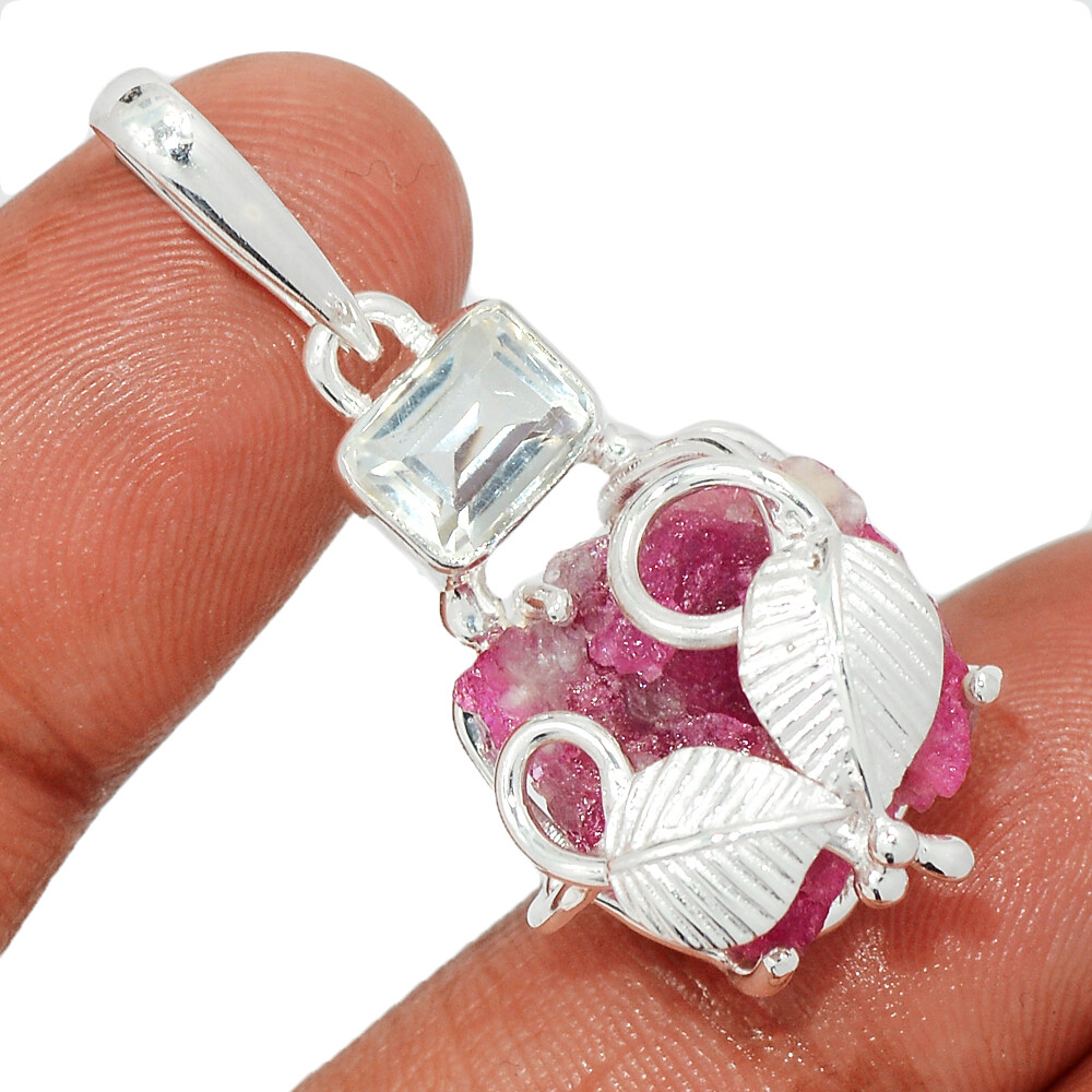 Natural Pink Tourmaline Crystal & White Topaz RQ2 Silver Pendant