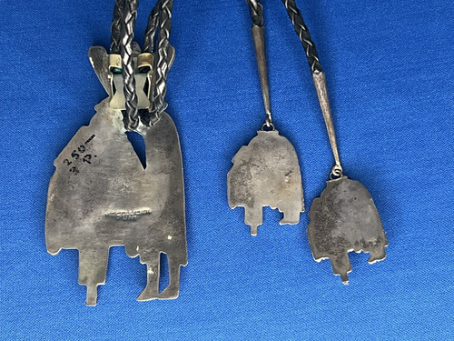 Zuni sterling & inlaid turquoise onyx 4" Rainbow Man Kachina bolo tie signed - Picture 4 of 5