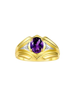 RYLOS Men's 9X7MM Gemstone & Diamond Ring in Yellow Gold Plated Silver, Sizes 8-