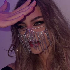 Women Rhinestone Face Mask Tassels Bling Masquerade Party Veil Head Chain 07051