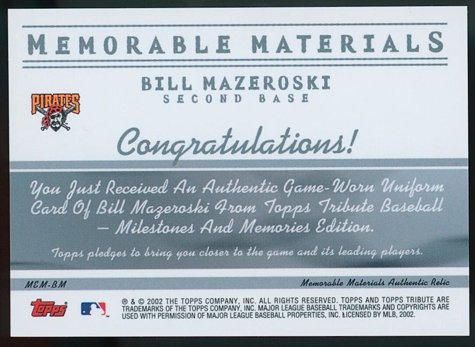 2002 Topps Tribute Memorable Materials Bill Mazeroski Jersey - Image 2 of 2