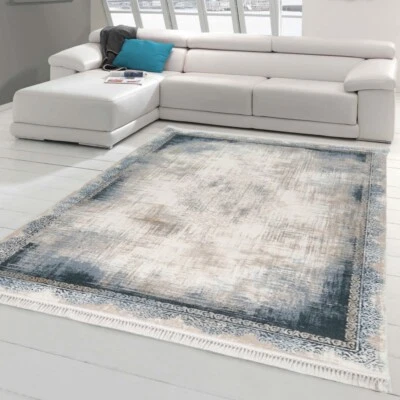 Tapis en Laine oriental abstrait avec Franges - salon chambre à coucher - bleu - Photo 1/4