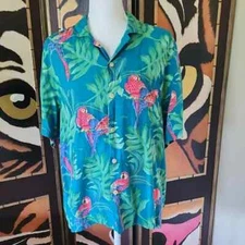 Paradise Found Vintage Hawaiian Button Down Parrot Tropical Women's Blouse