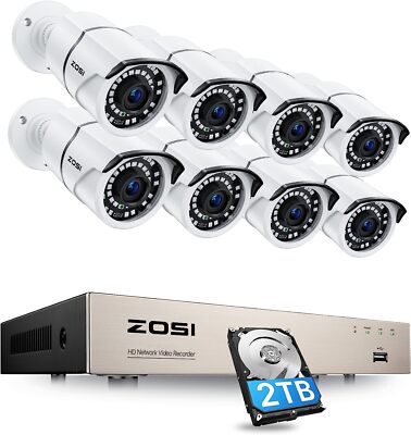 ZOSI 8CH 5MP PoE Security Cameras System with 2TB Hard Drive 24/7 Recording IP66