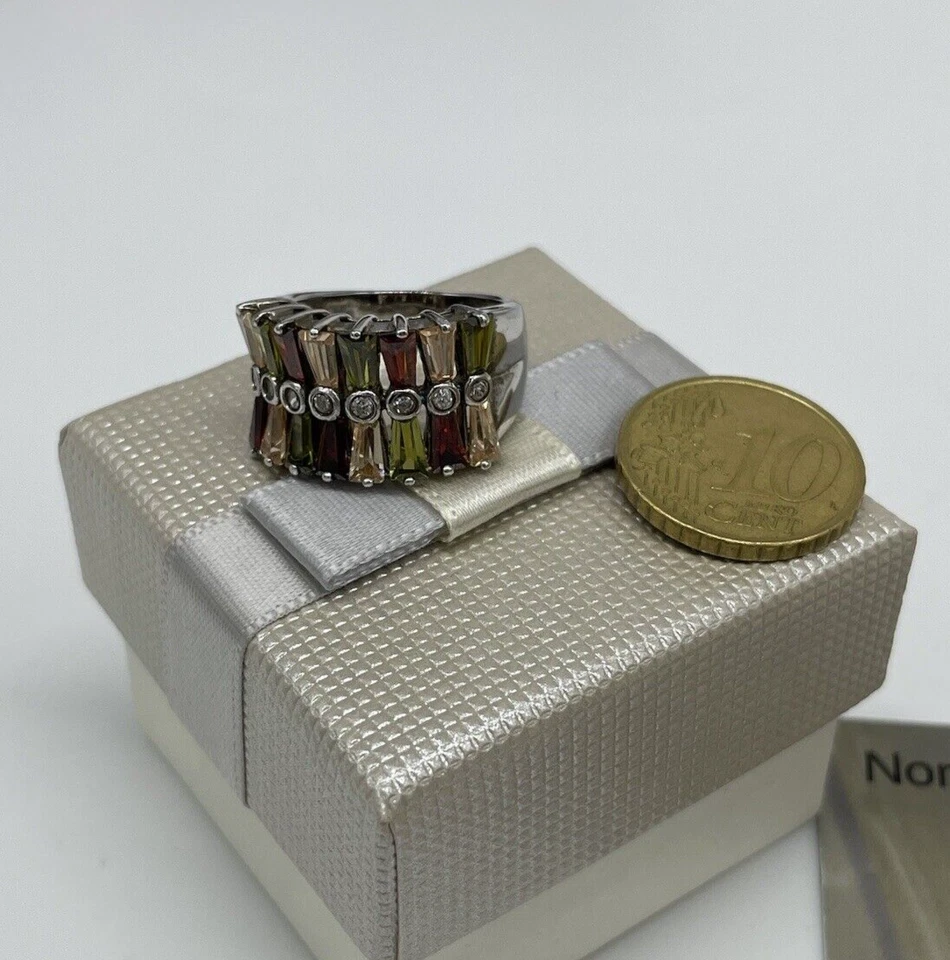 ANELLO DONNA DOPPIA ARCATA DI PIETRE BAGUETTE CRISTALLI MULTICOLORE ARGENTO 925. - Immagine 3 di 4