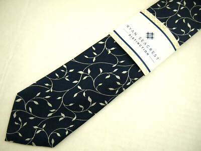 NWT Ryan Seacrest Mens Necktie Tie Navy Blue Silver Floral Leaves 02 03 Style 57