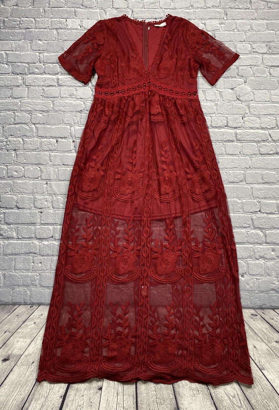 Eleter Maxi Dress Size XL Red Lace Overlay Scallop Embroidered Sheer Romantic