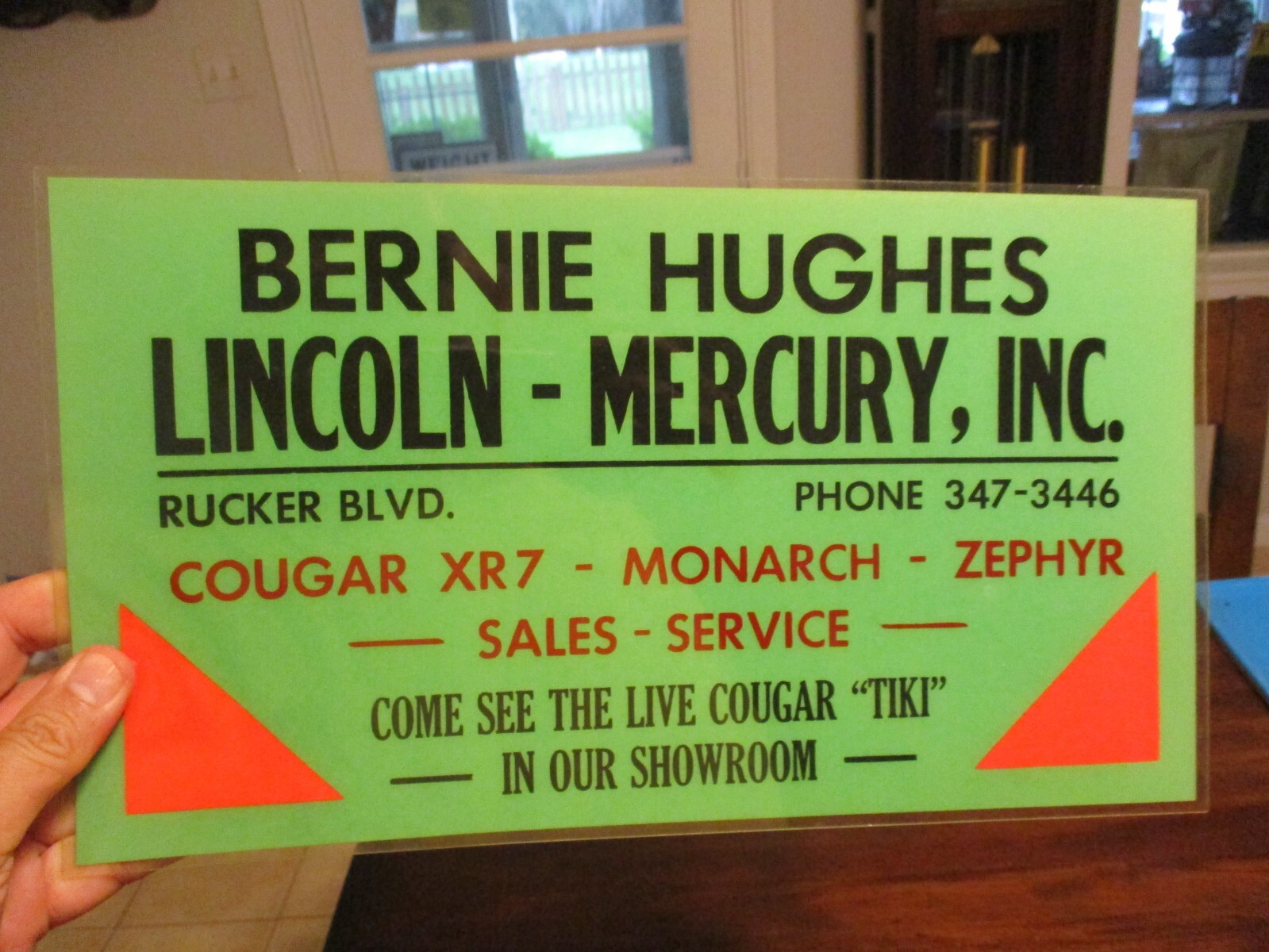 BERNIE HUGHES LINCOLN-MERCURY ,INC.ZEPHYR MONARCH,COUGAR XR7, CARDBOARD  SIGN thumbnail 2