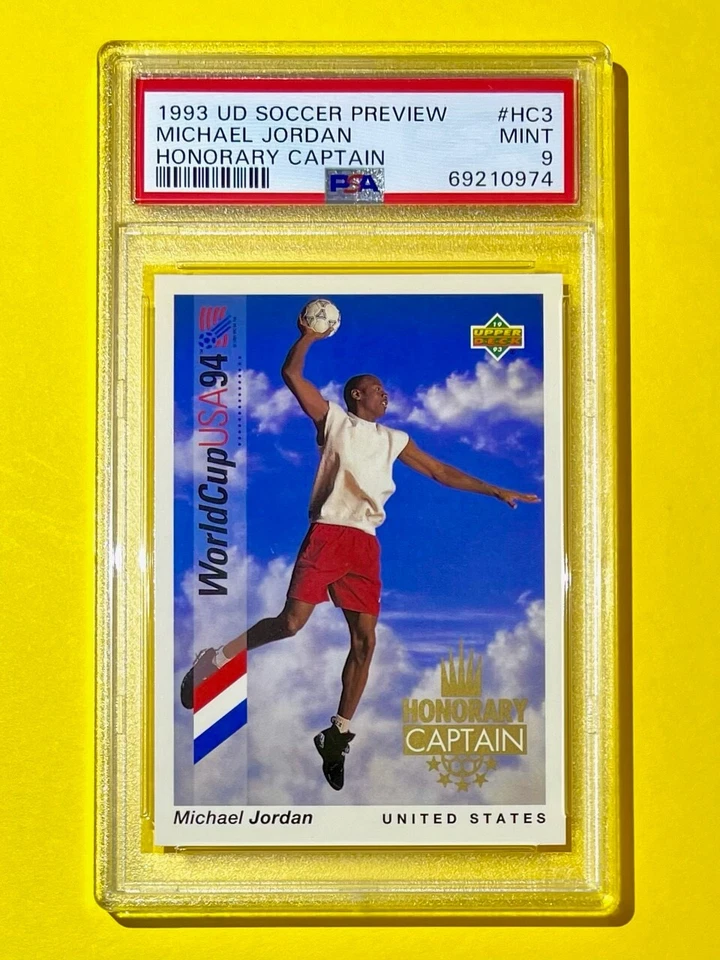 Michael Jordan COMO NUEVO COPA MUNDIAL DE FÚTBOL DE ESTADOS UNIDOS CAPITÁN HONORARIO 1993 CUBIERTA SUPERIOR PSA 9! Foto 3 de 4
