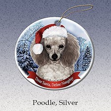 Holiday Pet Gifts Silver Poodle Santa Hat Dog Porcelain Christmas Tree Ornament
