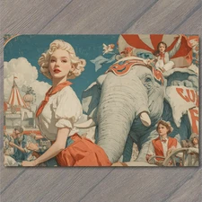 Art Print Retro Blonde Woman Elephant Parade Carnival Red Skirt Big Top