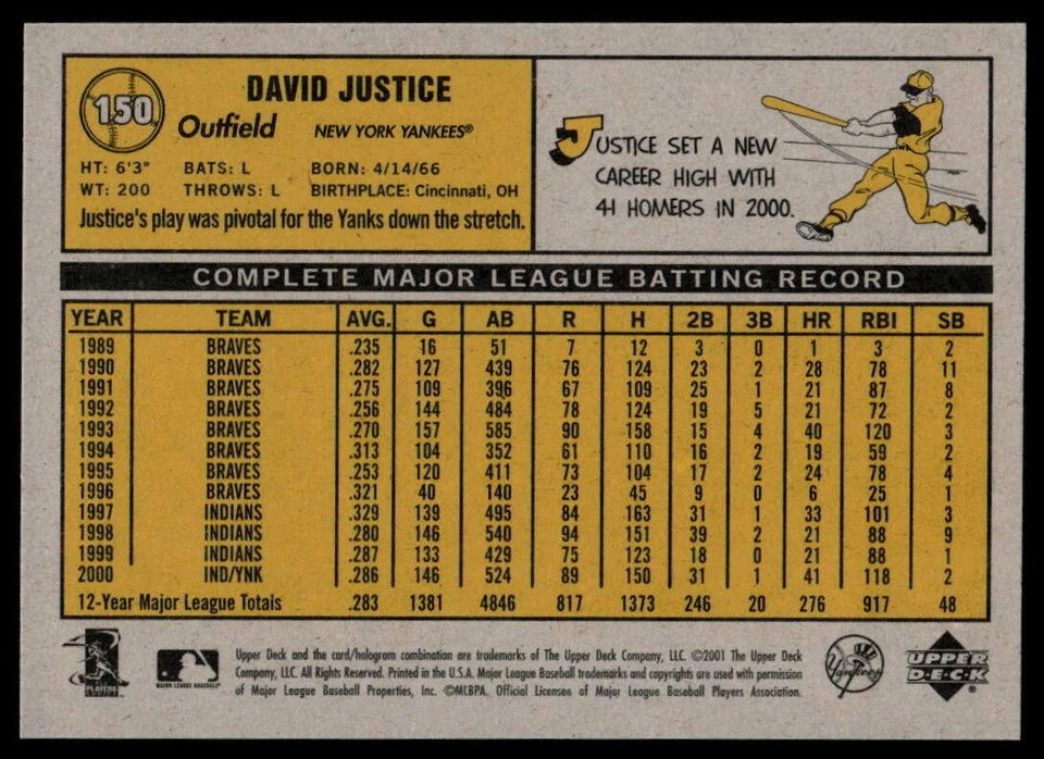 2001 Upper Deck Vintage #150 David Justice New York Yankees - Image 2 of 2
