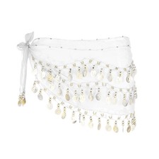 Belly Dance Hip Scarf 57x11" with 72 Gold Coin, White