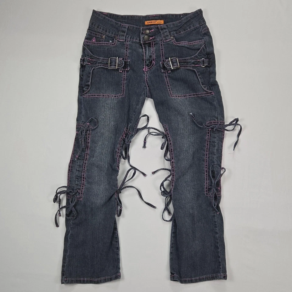 Pantalones de mezclilla Apollo Y2K con cordones para mujer 5/6 tiro bajo hebilla cargo rosa ropa de calle Foto 2 de 4