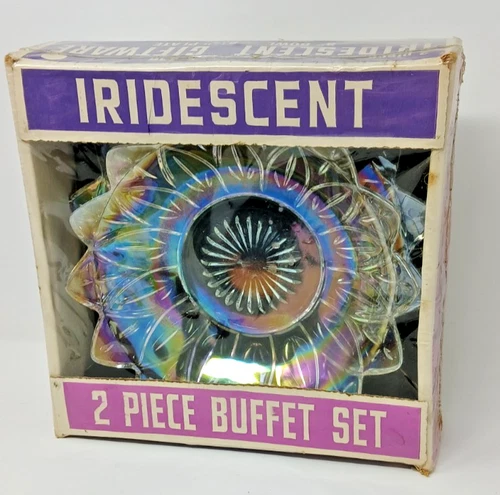 Vintage Federal Glass Rainbow Iridescent 2 Pc Bowl Set 8" & 9 1/2"  New in Box