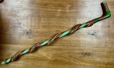 Vintage 34" Carved Wood Folk Art Walking Stick Cane Entwined Green Stripe Snake