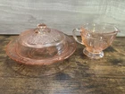 Vintage Pink Depression Glass Butter Dish & Creamer Floral Pattern Set