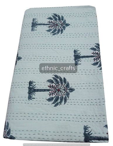 Indian Hand Block Print Queen Size Cotton Kantha Blanket Reversible Quilt - Picture 2 of 4