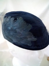 Vintage Navy Blue Velvet Hat With Blue Feathers