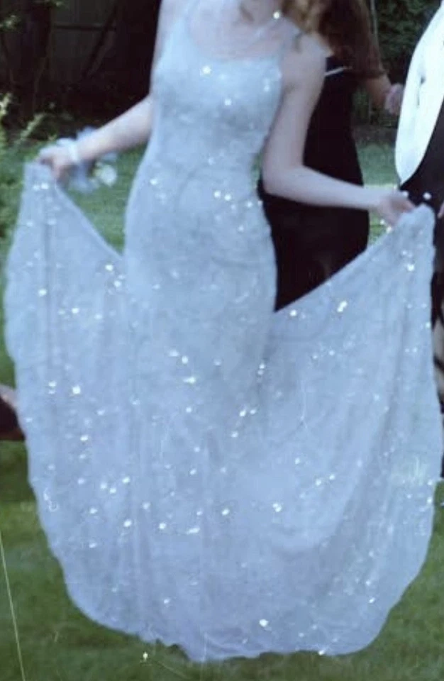 Vintage Cache 100% Silk XS Beaded Gown. Silver. Mermaid Cut. Prom, Formal. - Image 2 of 4