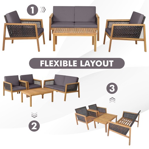 4-Piece Patio Acacia Wood Furniture Set Conversation Set w/ Cushions Grey - Picture 8 of 10