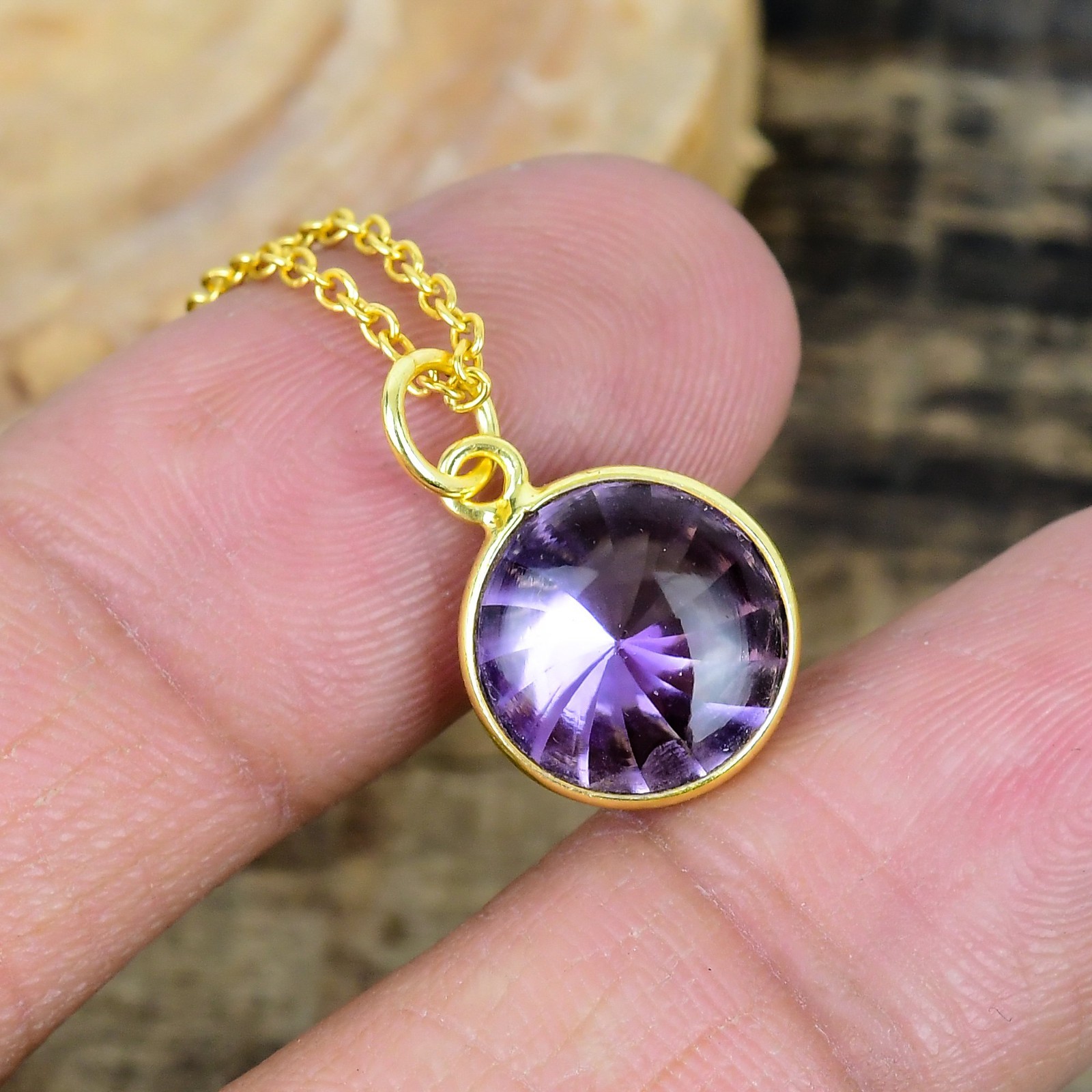 Natural Amethyst Pendant Necklace, Gold Round, February Birthstone Jewelry