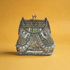 Vintage Beaded Handbag Small Gold Colorful Beads, Shells Clutch Bag Purse