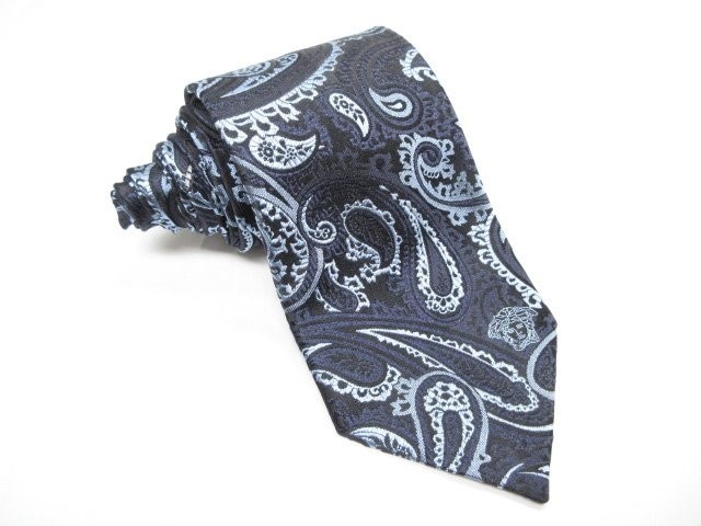 VERSACE Men's Tie Silk Black And Light Blue Italy