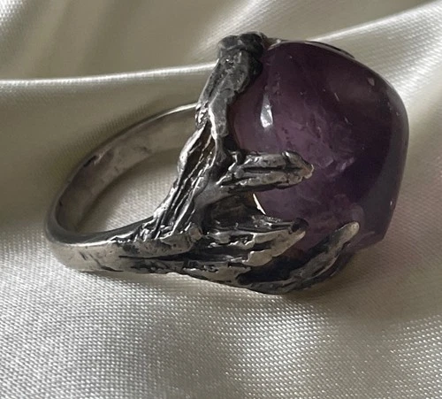 Vtg brutalist modernist cocktail amethyst textured unique 925 SILVER RING UK O