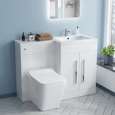 Nes Home 1100mm RH White Basin Vanity Unit WC BTW Rimless Toilet Flat Pack