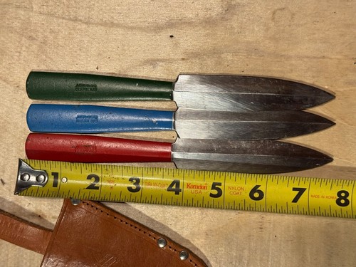 Vintage Solingen Germany Throwing Daggers 3 Knives Leather Sheath Case - Picture 6 of 11