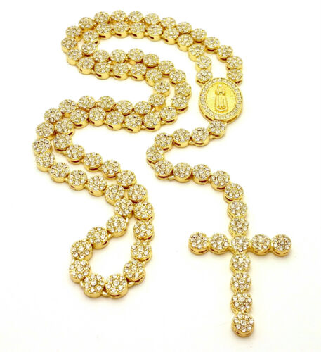 ALL TIME HIT MENS HIP HOP LAB DIAMOND 14K GOLD FLOWER CLUSTER ROSARY NECKLACE - Picture 1 of 39