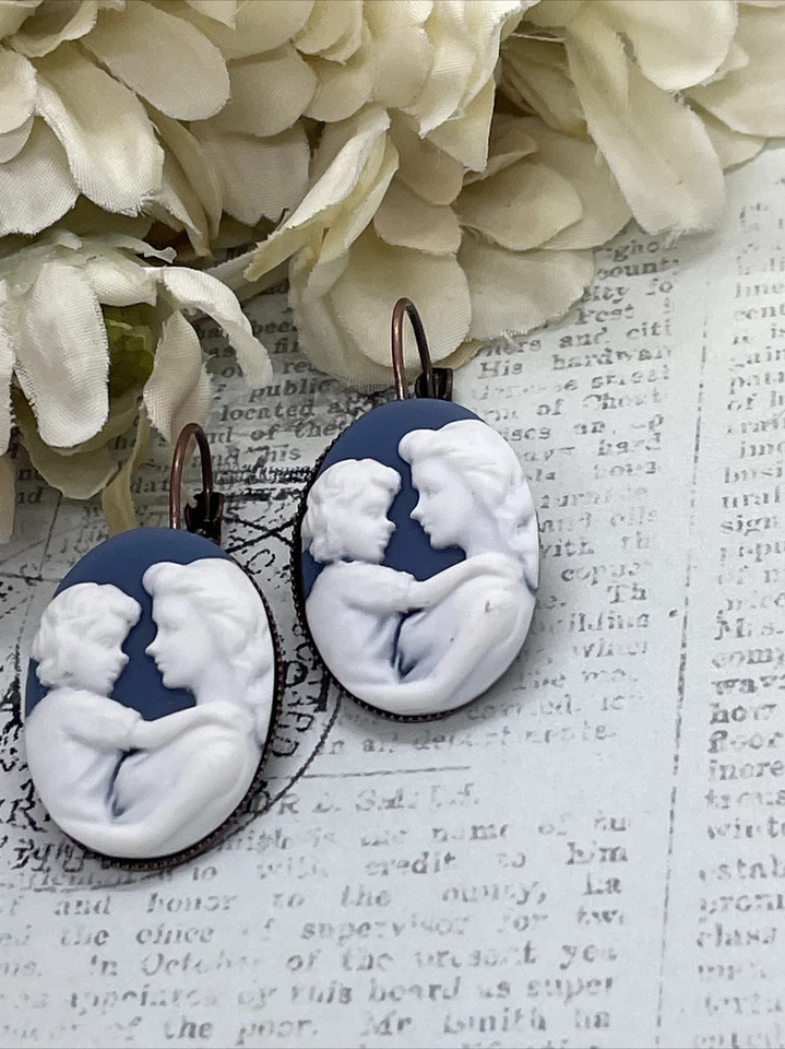 Pendientes Camafeo Cumpleaños Oro Rosa Mamá Bebé Niño Azul Regalo Set Madre Niño Foto 3 de 4