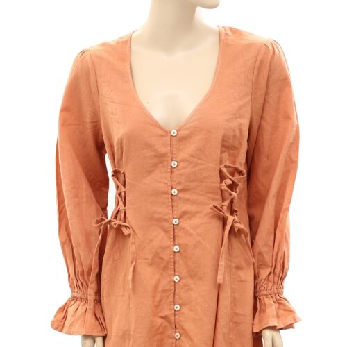 Free People Buttondown Mini Dress Solid Long Sleeve Cotton Laceup S New 250670 - Picture 2 of 4