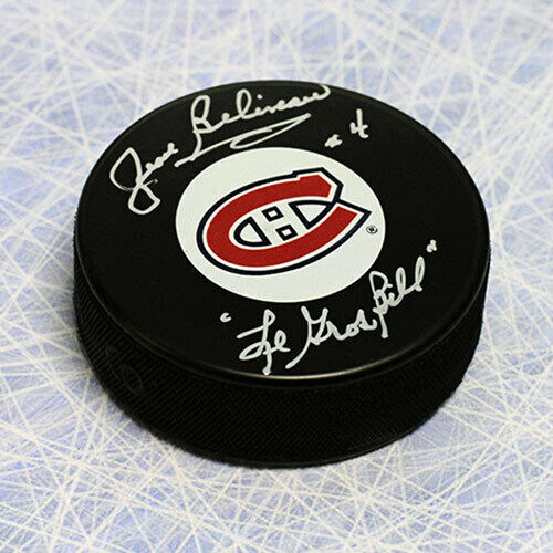 Disco firmado Jean Beliveau Montreal Canadiens con nota de billete de Le Gros - Imagen 1 de 1