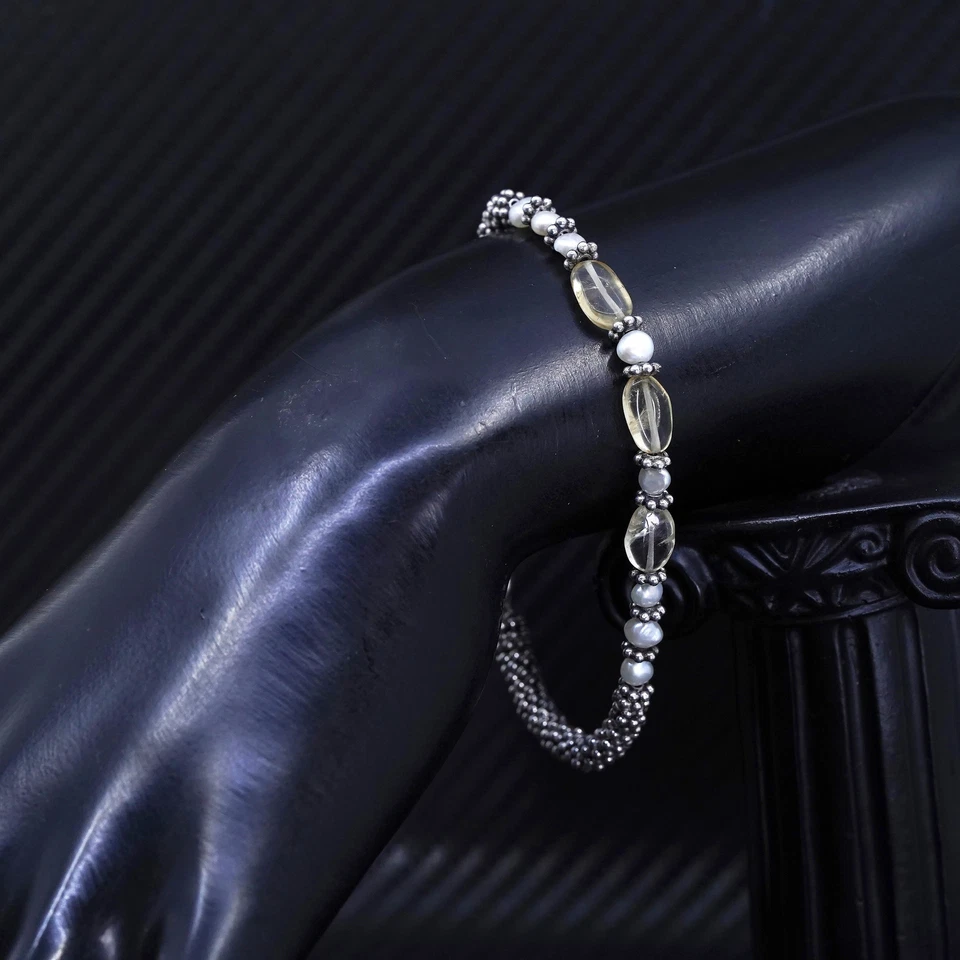 Pulsera de cuentas vintage de plata de ley 925 hecha a mano de 7”, con perla y citrino Foto 2 de 4